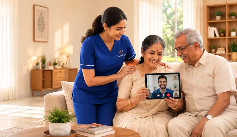 Home nurse caring for an elderly couple