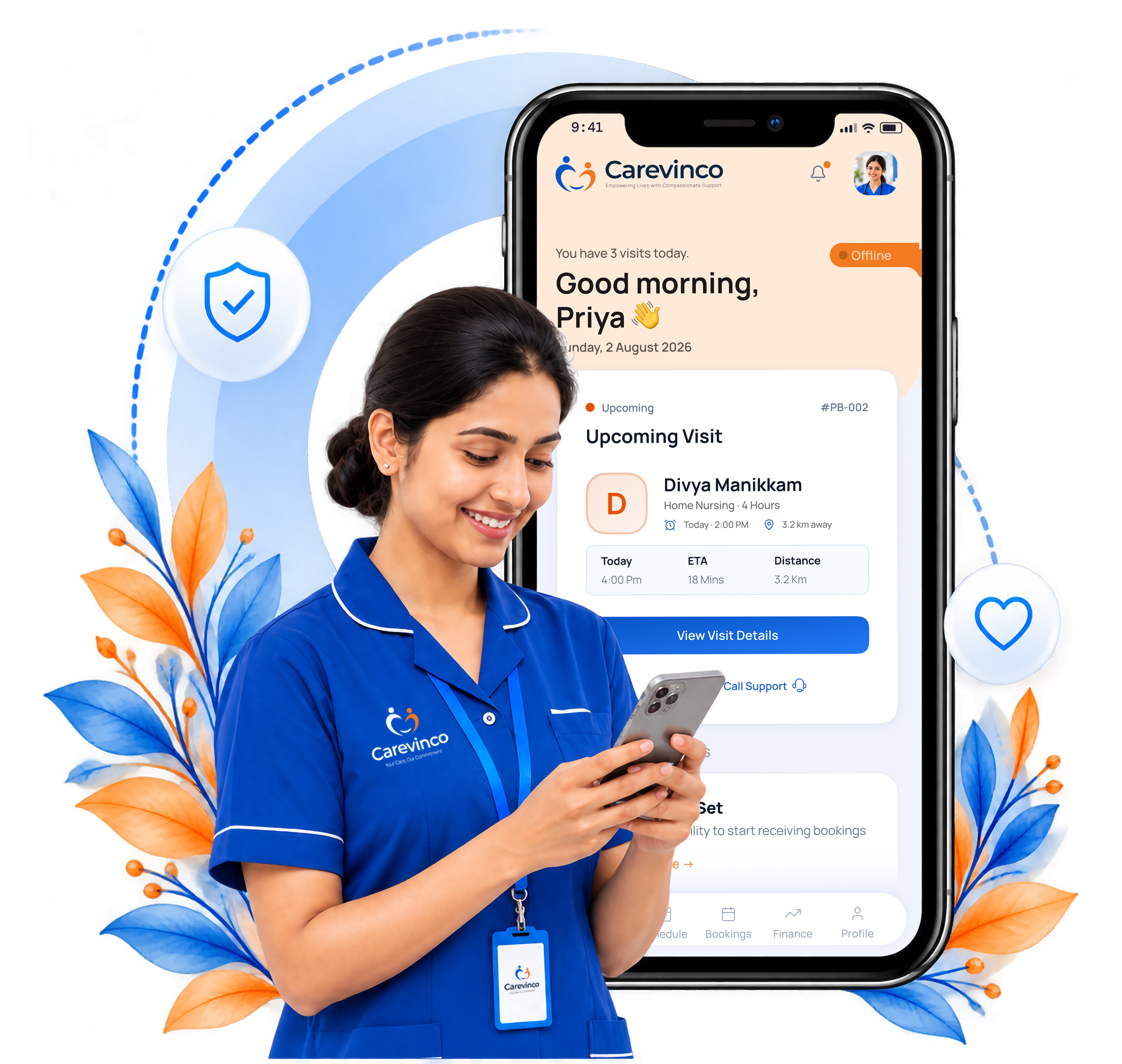 Carevinco app with a nurse managing home-care visits