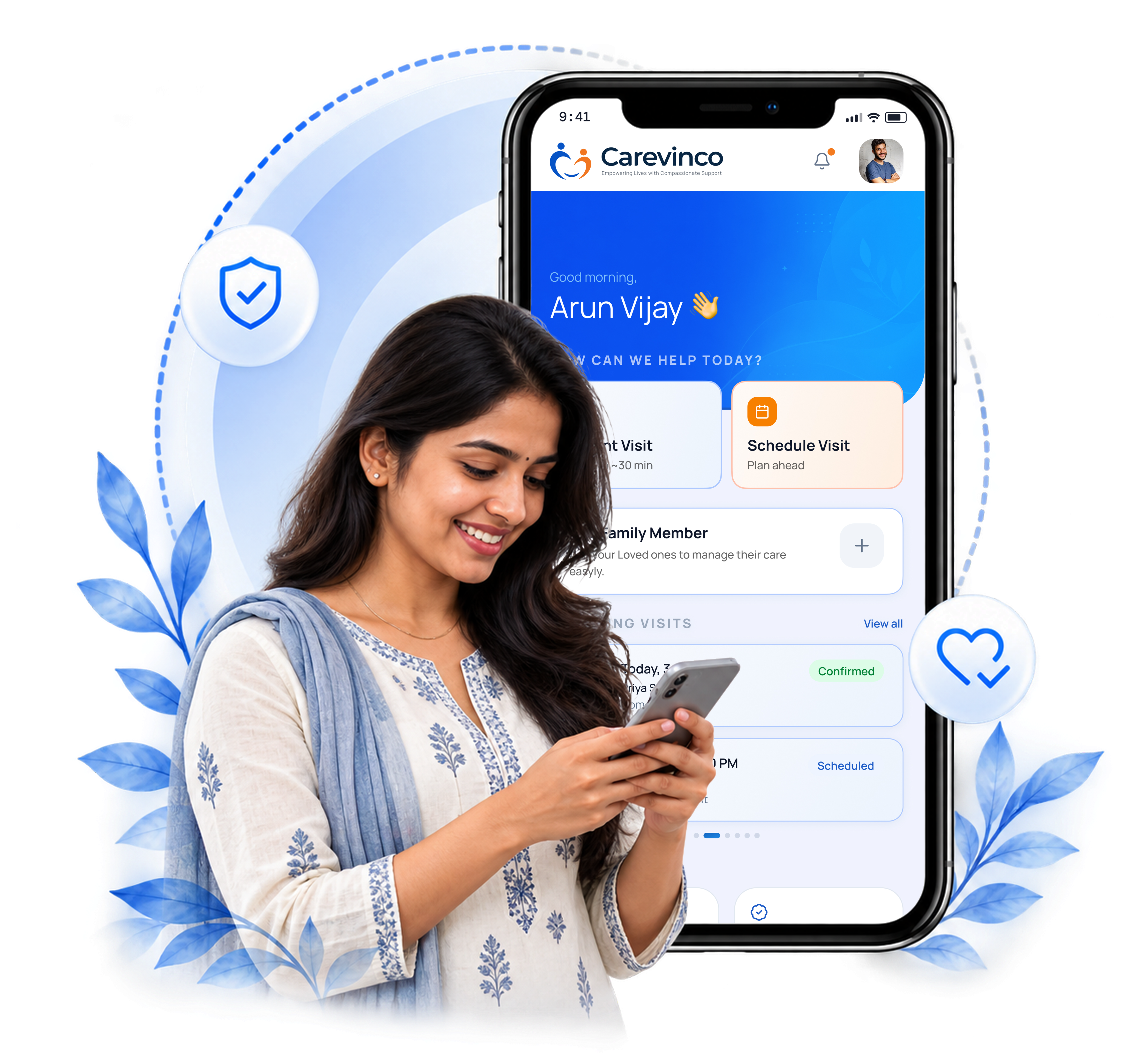 Carevinco app with a woman managing care from her phone